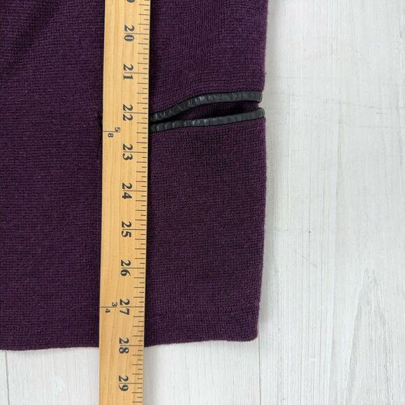 Eileen Fisher Cardigan Medium Purple Merino Wool Open Front Leather Trim Pockets - Picture 13 of 14